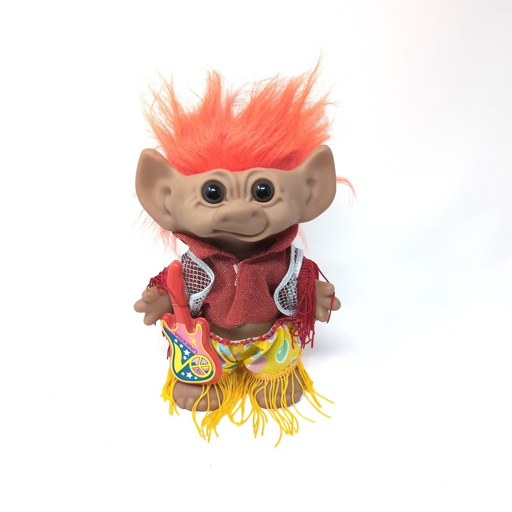 Uneeda Troll Doll Orange Hair Rocker Elvis Lip Guitar Fringe Outfit Rock Star
